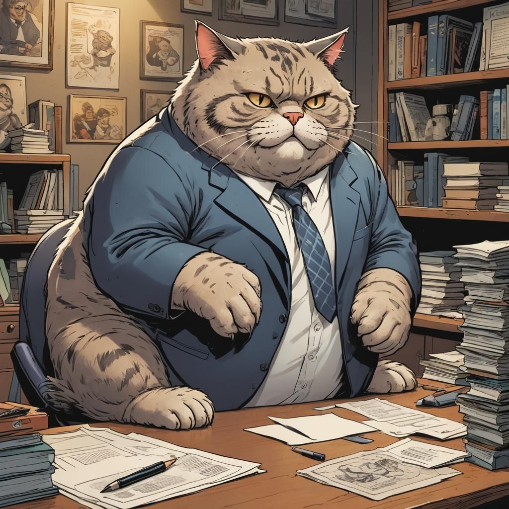 Anthropomorphic fat cat, forcing a much smaller cat to sign ...