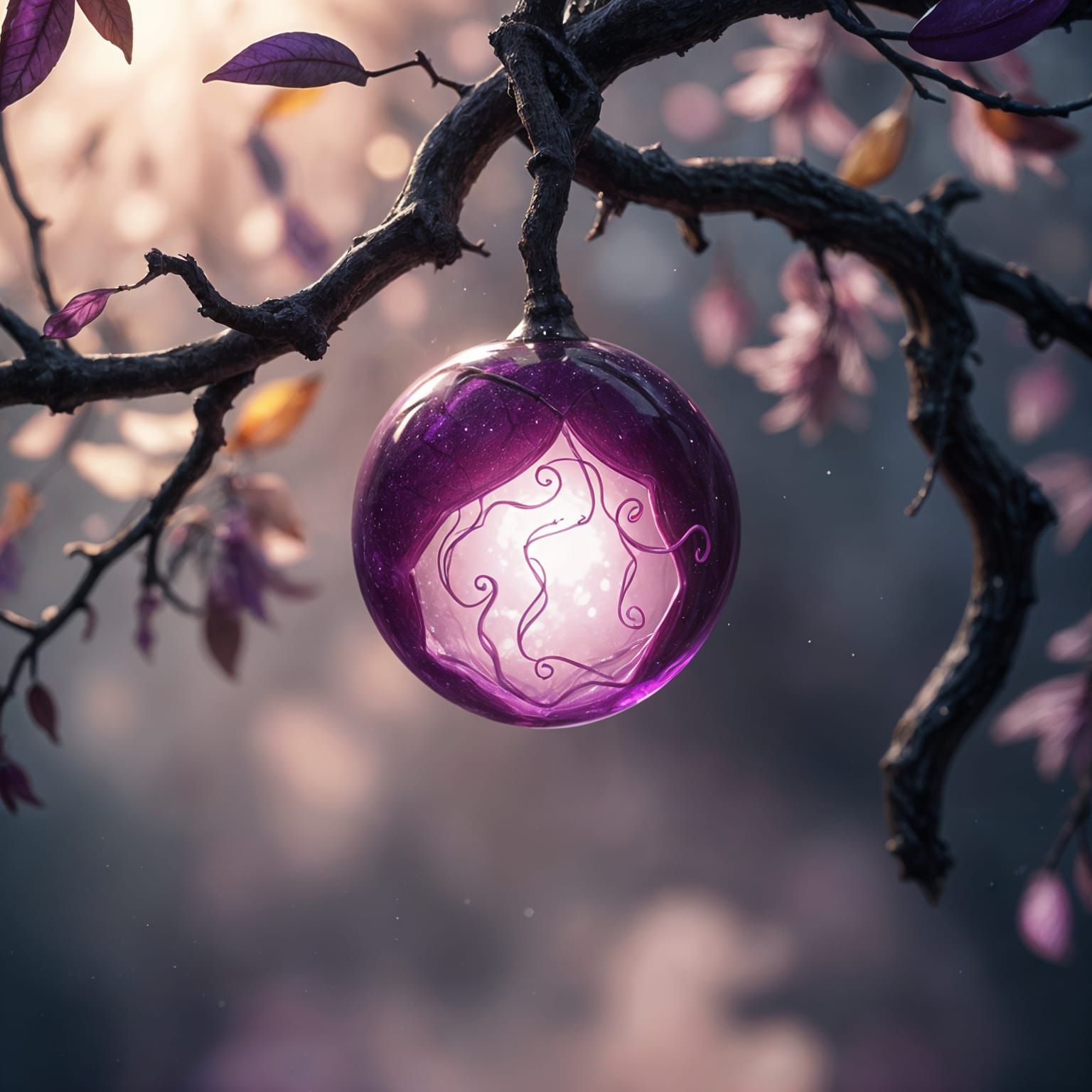 Intricate Glass Plum Blossoms in a Dreamlike Scene