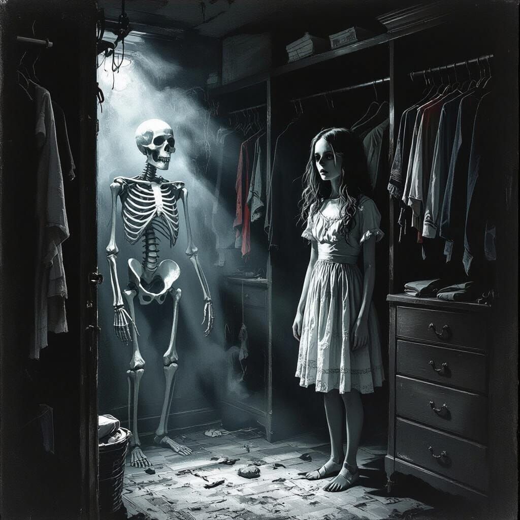Skeleton Emerging from Teenage Girl's Closet in Dark Etching...