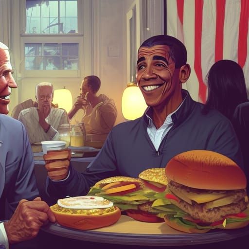 Biden and Obama Eating Burgers: Hyperdetailed Concept Art