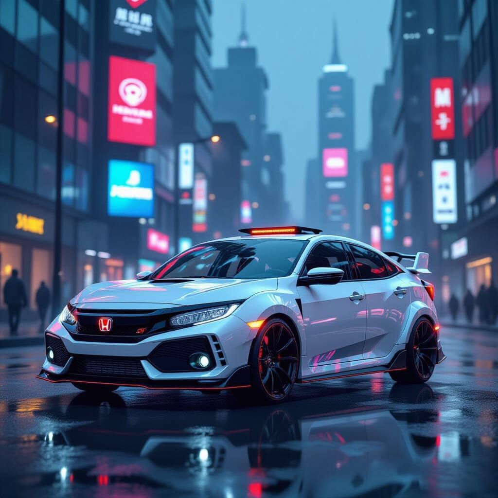 Cybernetic Honda Civic on Futuristic Cityscape