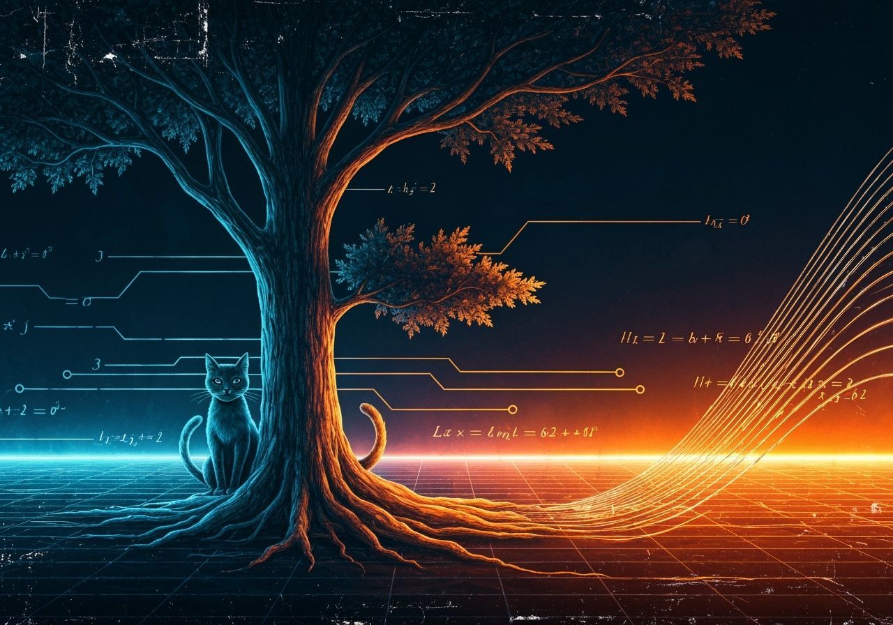 Glitchcore Cat Under Tree in Synthwave Style