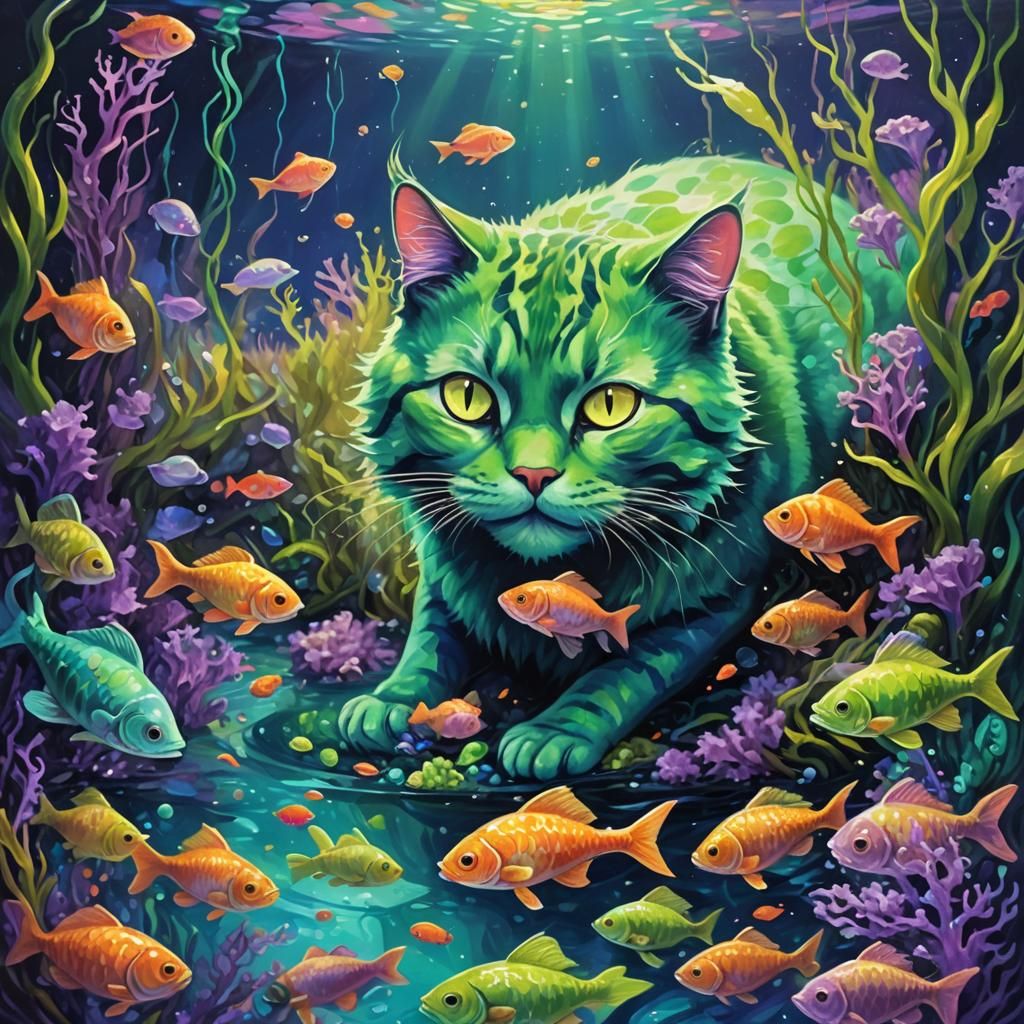 Gooey Green Cat Feeds Fish: Mystical Oil Painting