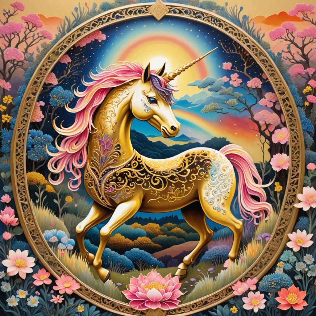 Golden Unicorn in Rainbow Meadow: Pointillism Painting
