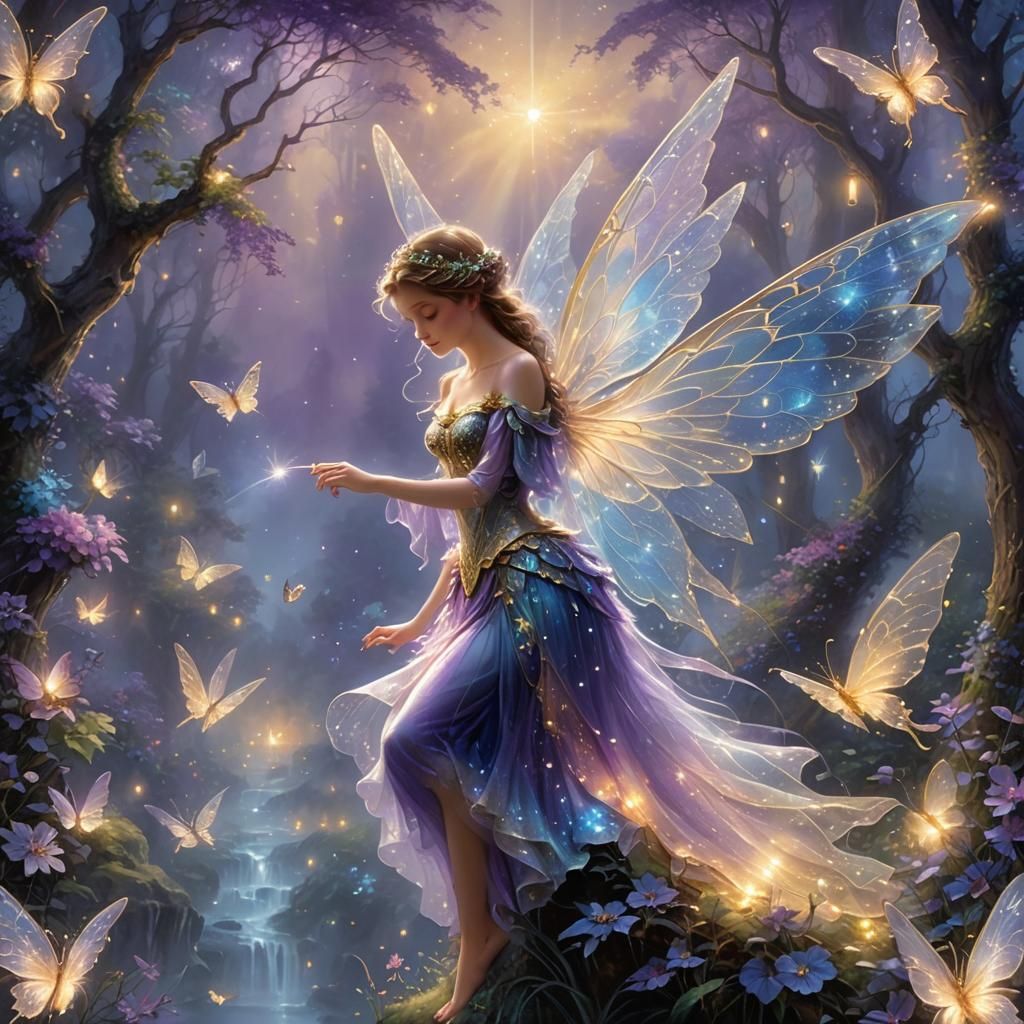 Luminescent Fairy with Iridescent Wings in Ethereal Mist