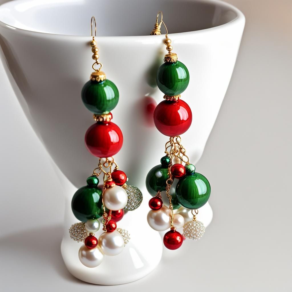 Christmas Porcelain Earrings with Crystals and Pearls