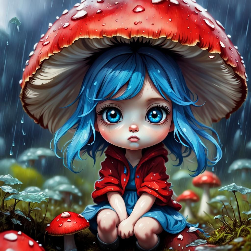 A miniature chibi character girl with huge blue eyes and a c...
