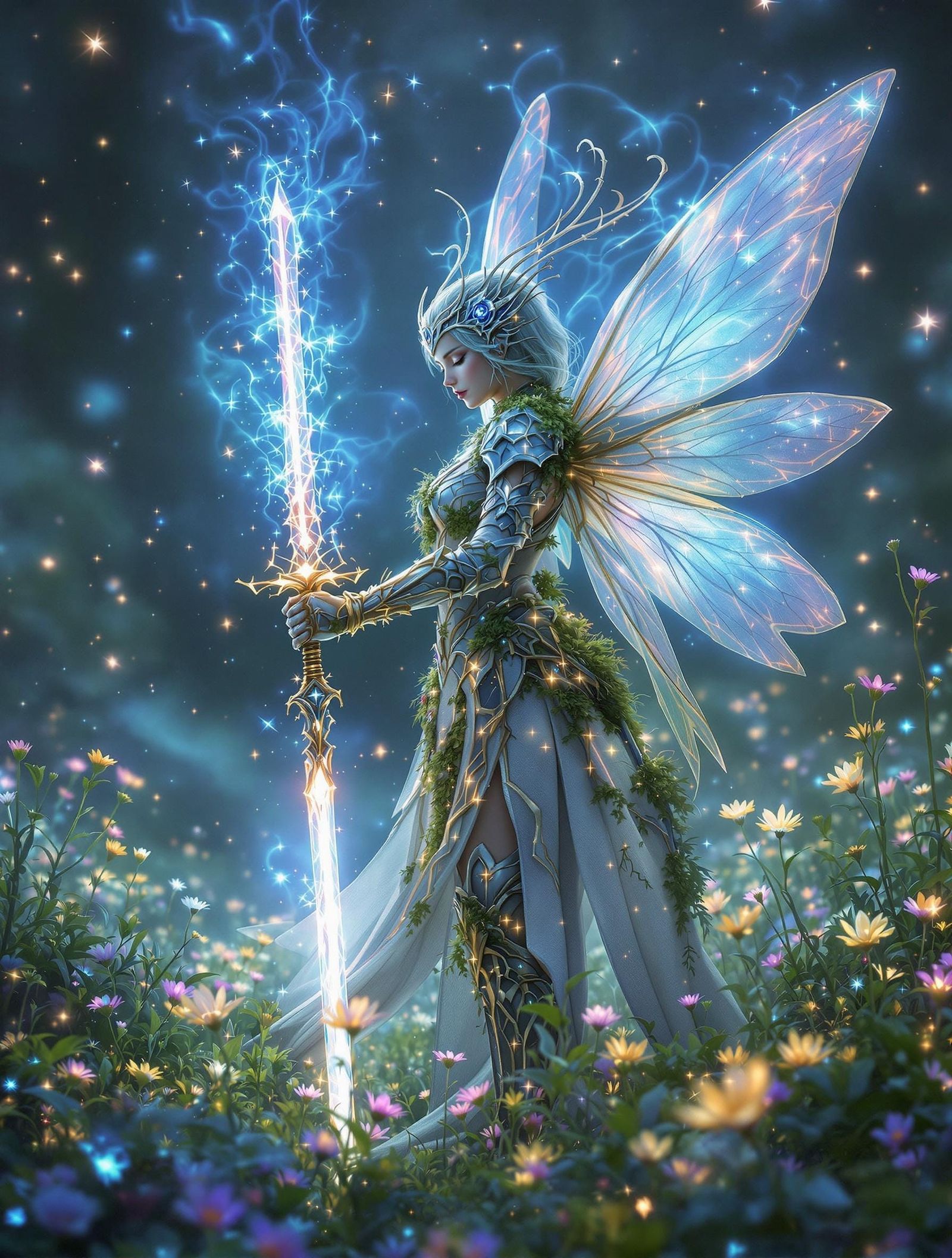 Ethereal Fairy Warrior Guards Sleeping Child in Dreamlike Me...