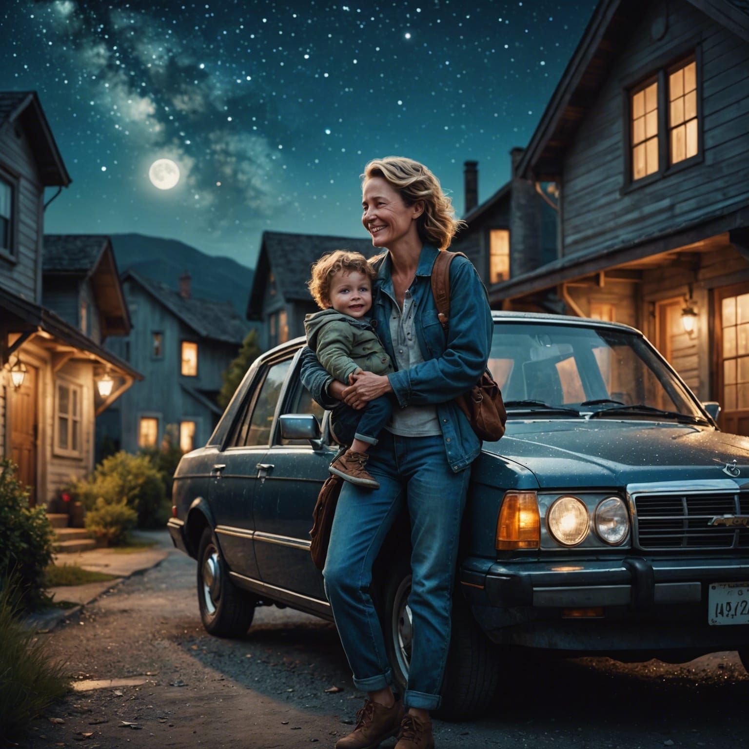 Mother Carries Son Home Under Moonlight
