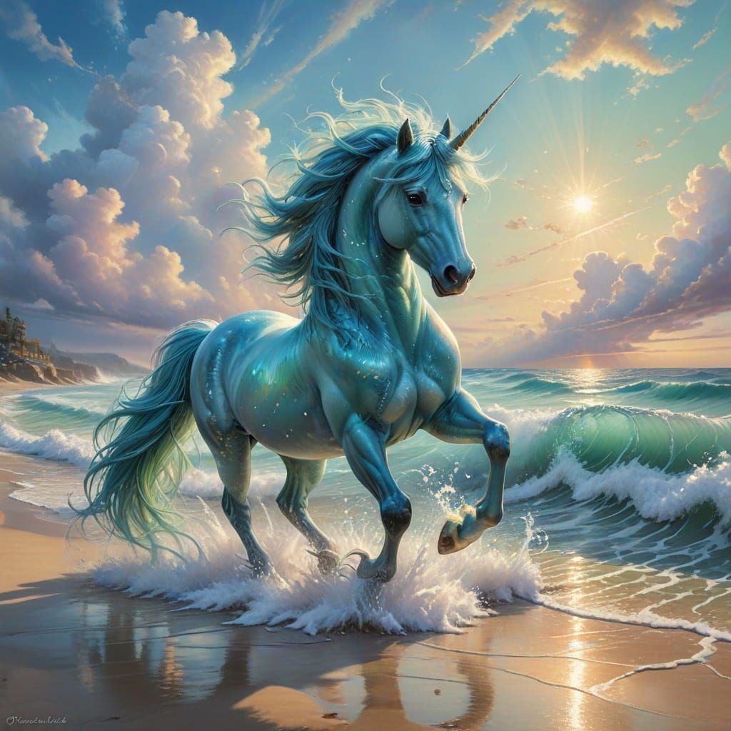 Whimsical Shaggy Unicorn Runs Through Shallow Aqua Surf