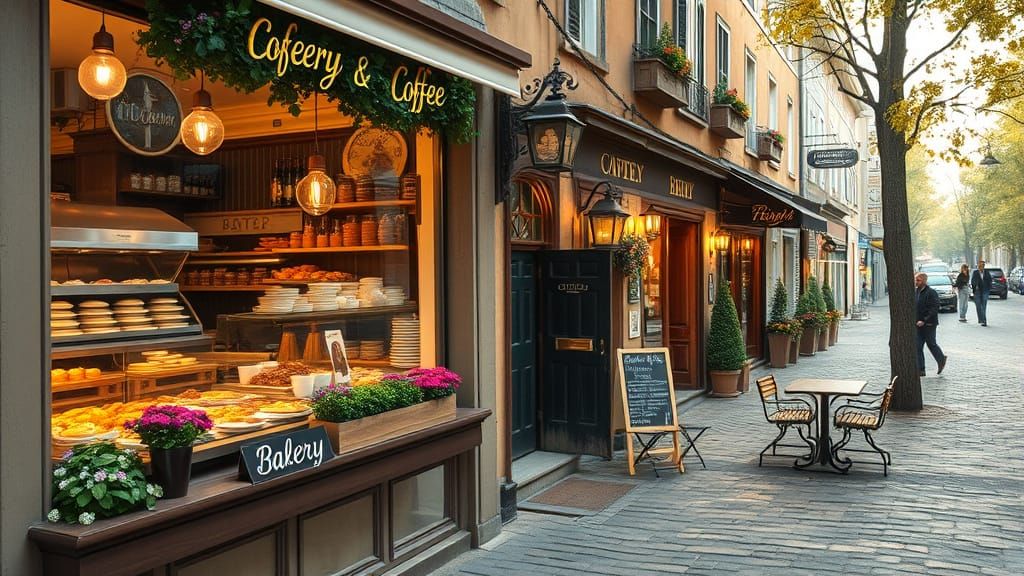 Charming Bakery on Cobblestone Street in Americana Style