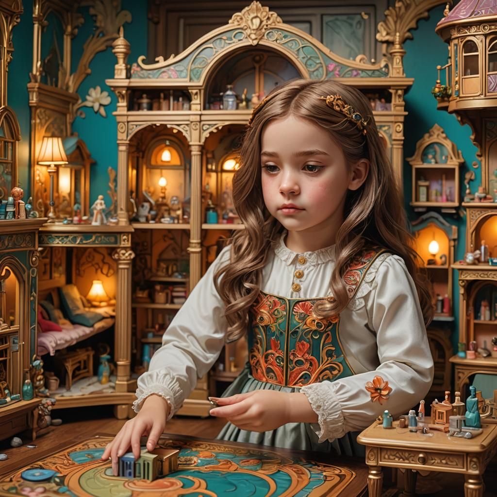 Girl and Art Nouveau Dollhouse: Hyperrealistic Concept Art