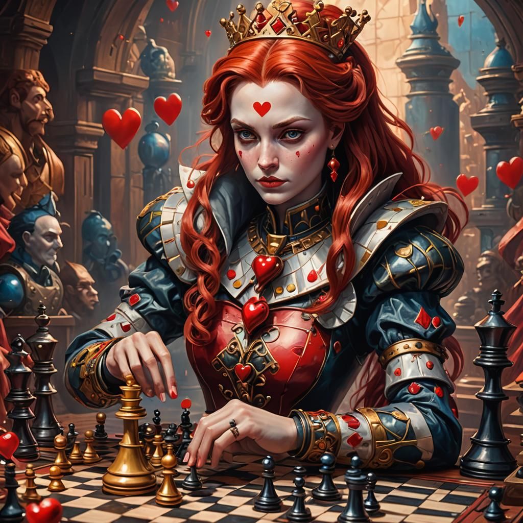 Queen of Hearts Chess Match: Hyperrealistic Splash Art