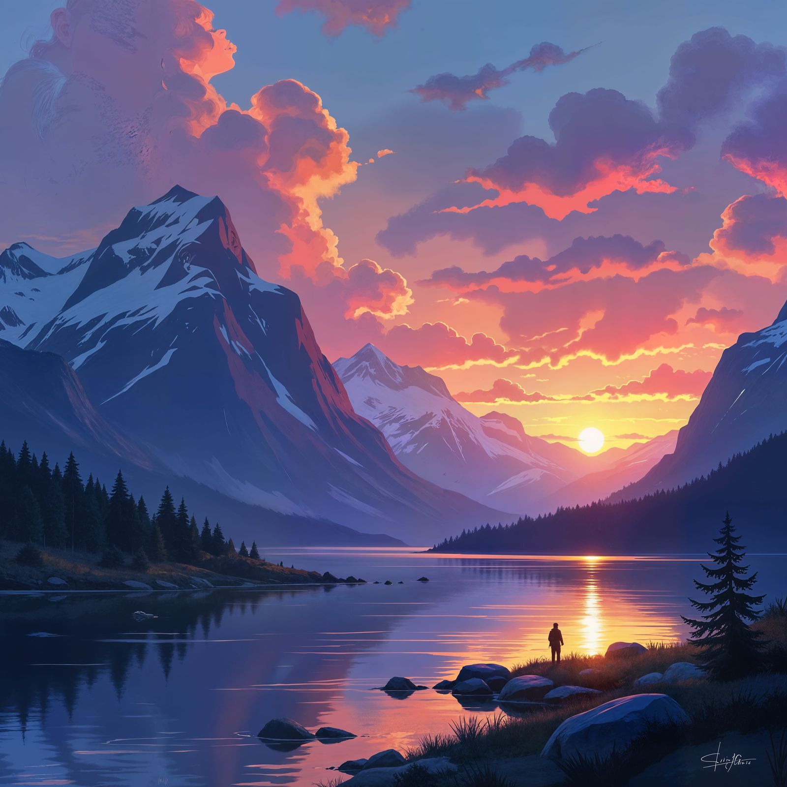 Vibrant Digital Painting of a Full Sunset