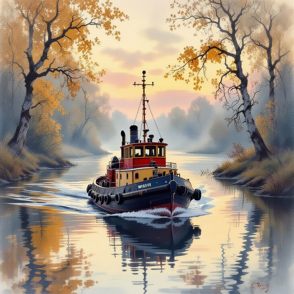 Tugboat on Misty River at Dawn, Watercolor Style