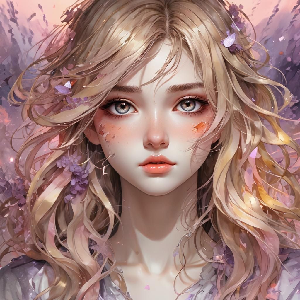 Beautiful Woman in Shattered Mirror, Watercolor Style