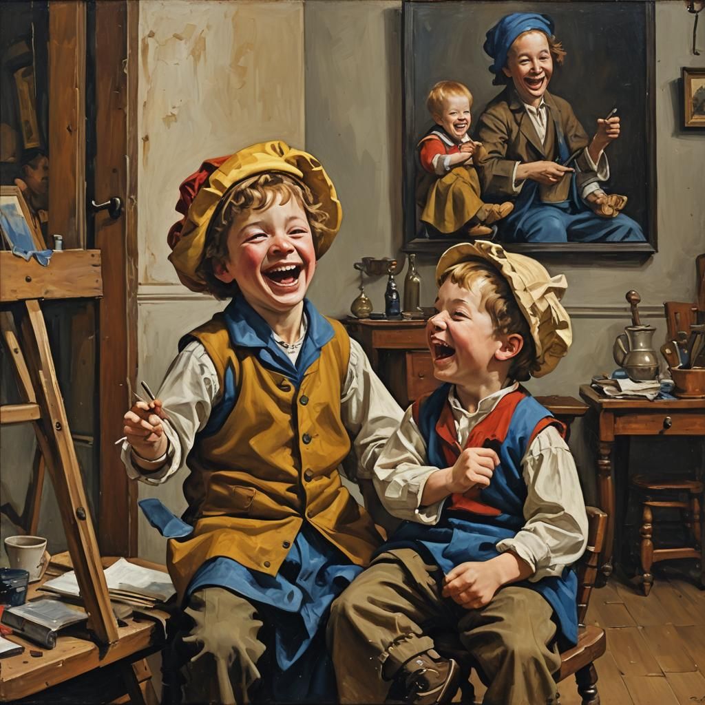 Boys Laughing in Art Studio, Vermeer Style