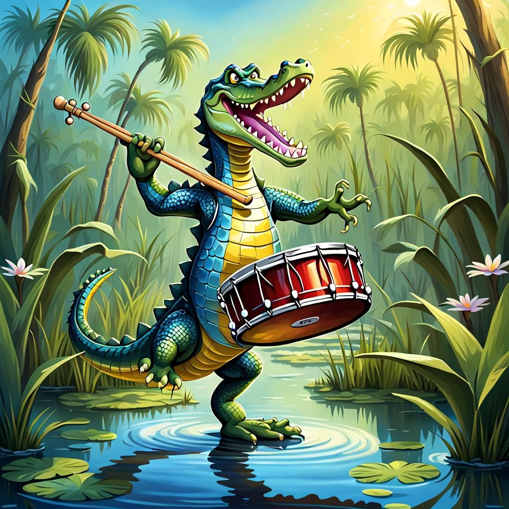 Cartoon Alligator Plays Drums in Louisiana Swamp