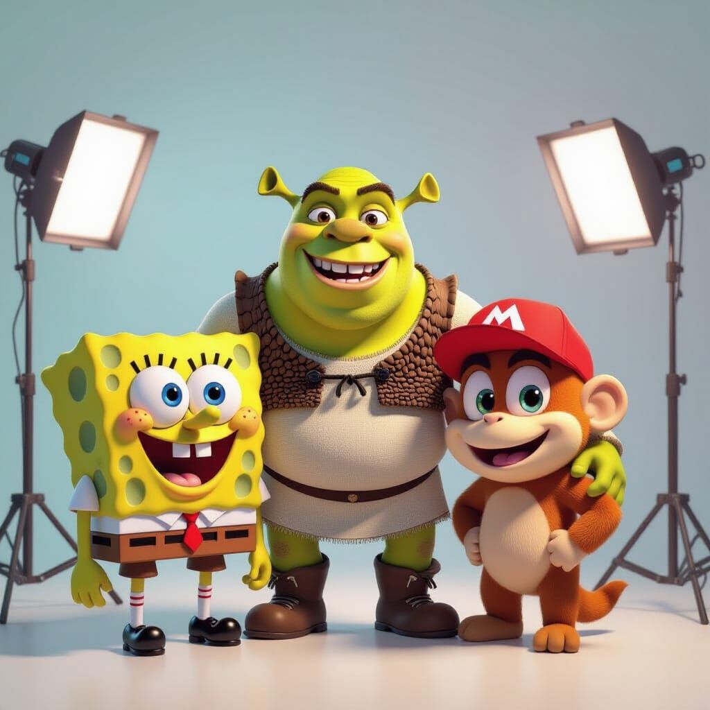 SpongeBob, Shrek, and Diddy Kong in 3D Cartoon Style