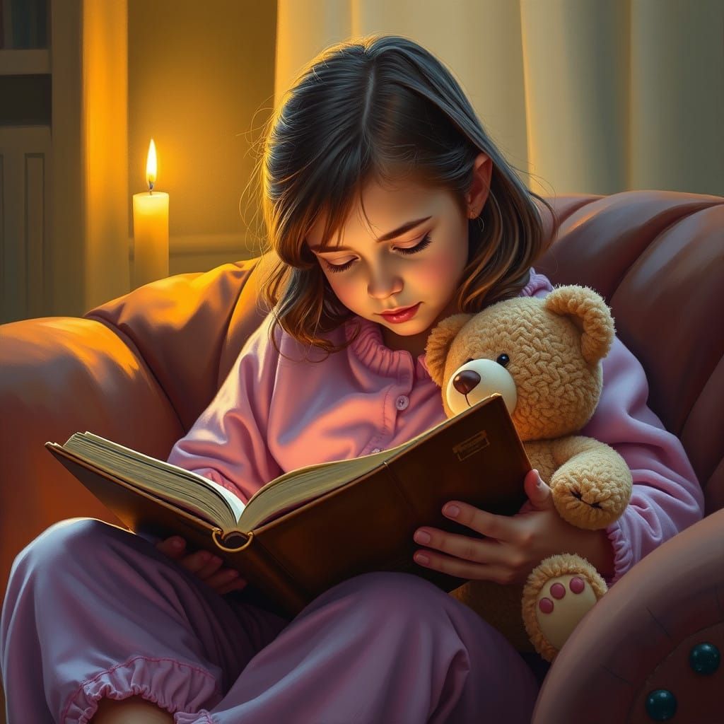 Cozy Girl Reads by Candlelight in a Warm Oil Painting