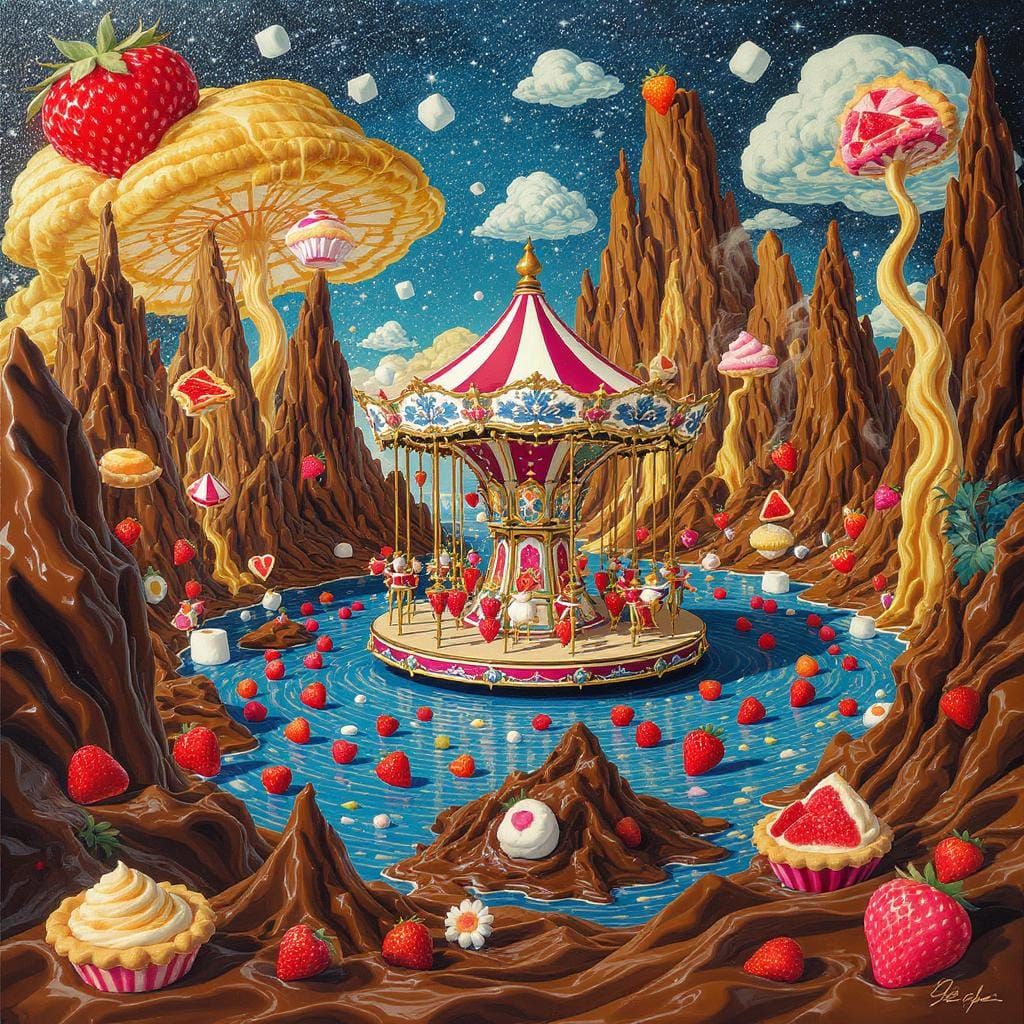 Surreal Strawberry Carousel in Dreamlike Landscape