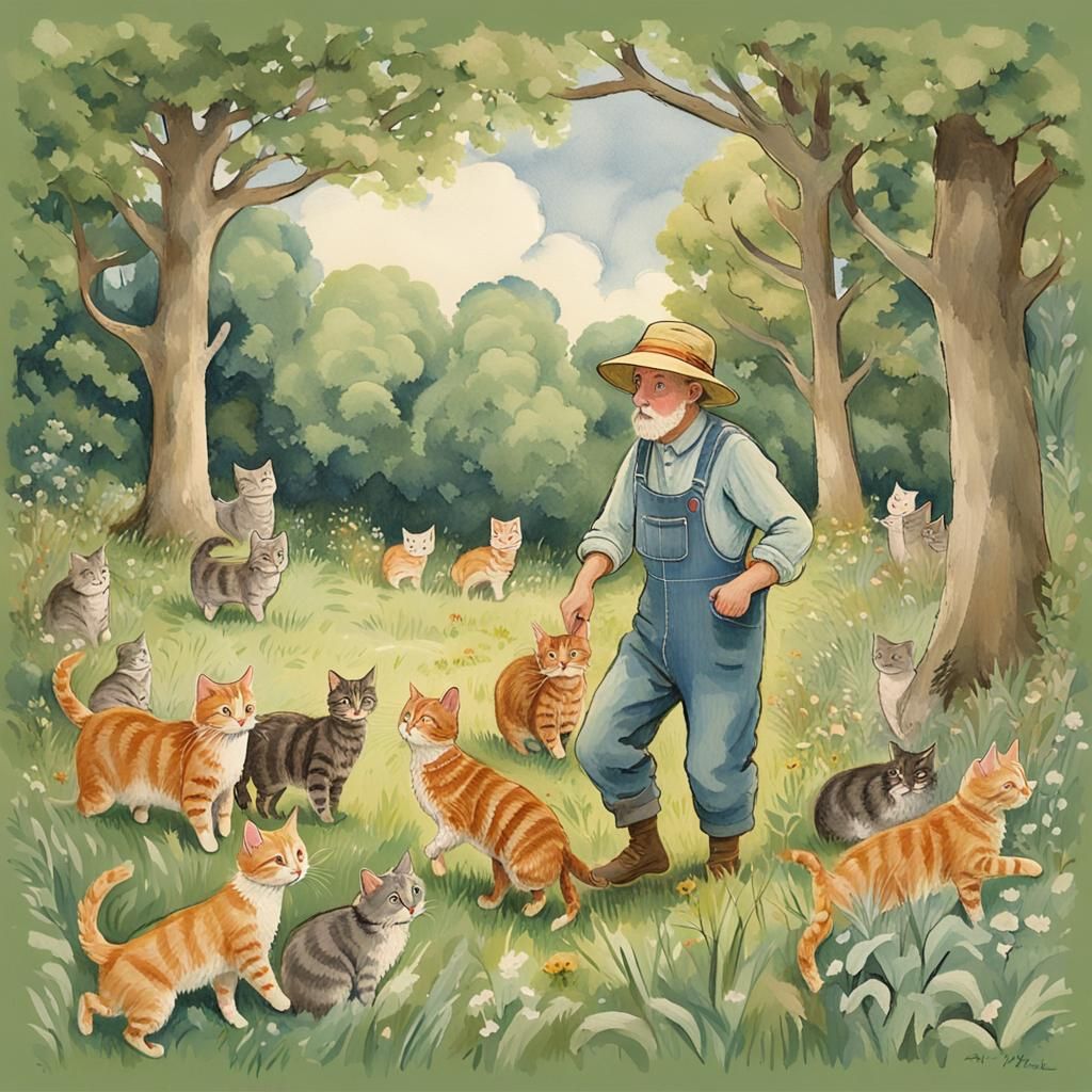 Charming Farmer Herding Cats: Gouache Illustration