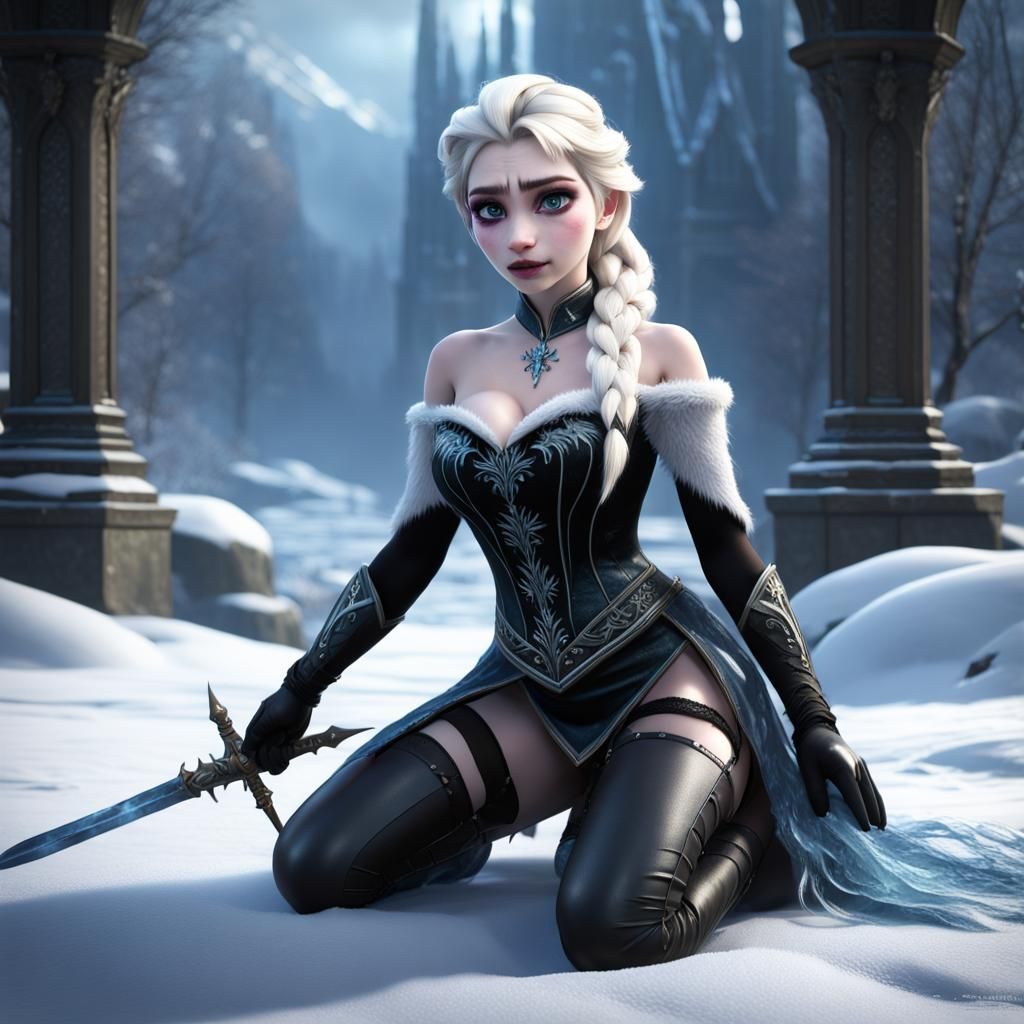Gothic Elsa Kneeling with Sword on Snowy Ground