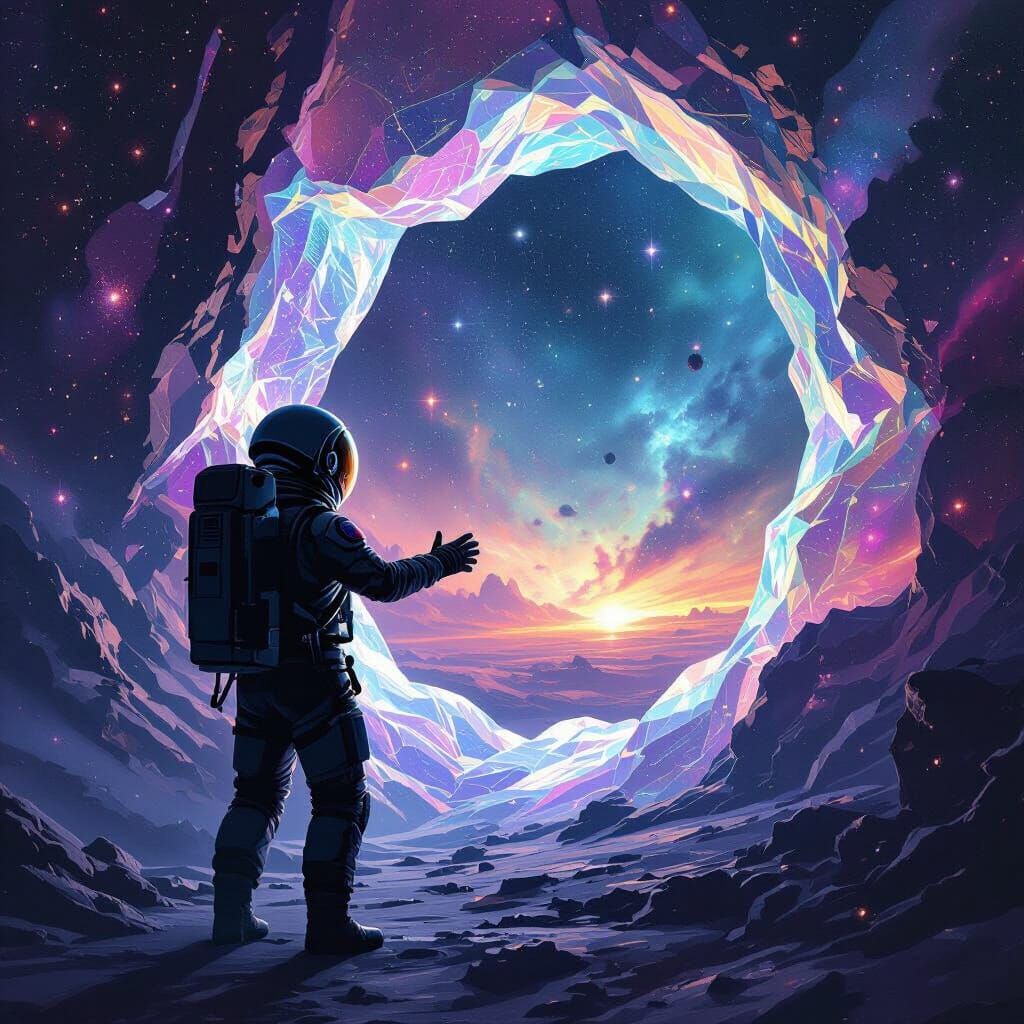 Astronaut Reaching for a Crystalline Rift