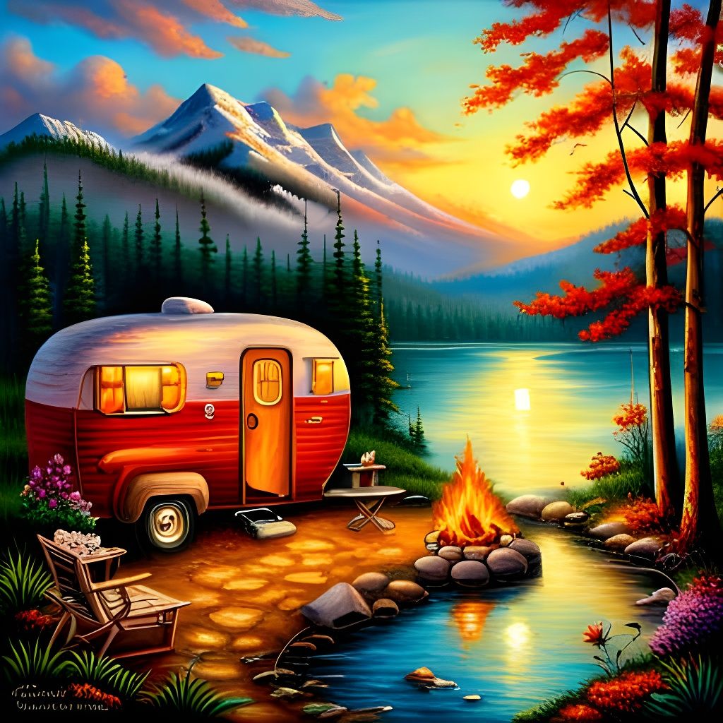 Vintage Camping Trailer by Lake: Americana Fine Art
