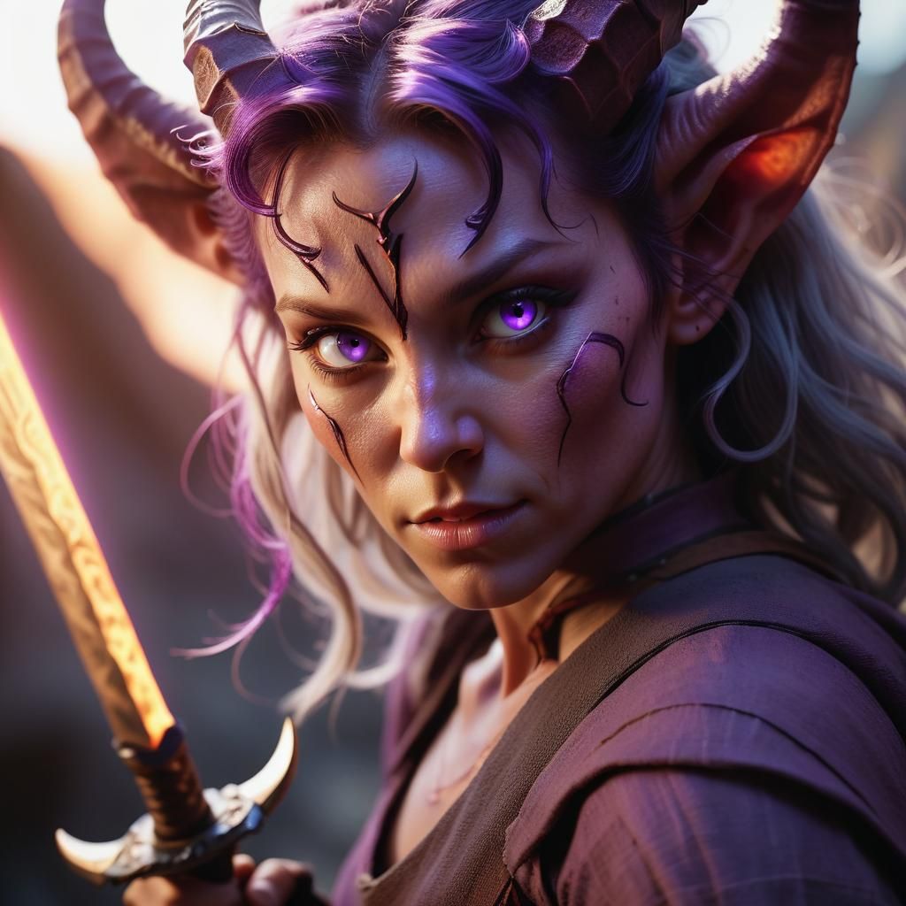 Tiefling Warrior Portrait with Sword, Cinematic Lighting