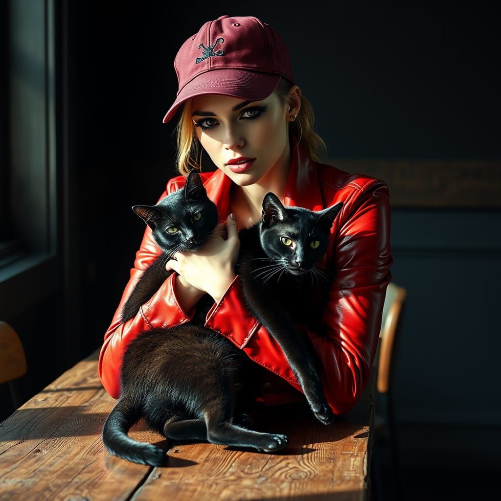 Goth Woman with Piercings in Red Leather, Cradling a Cat