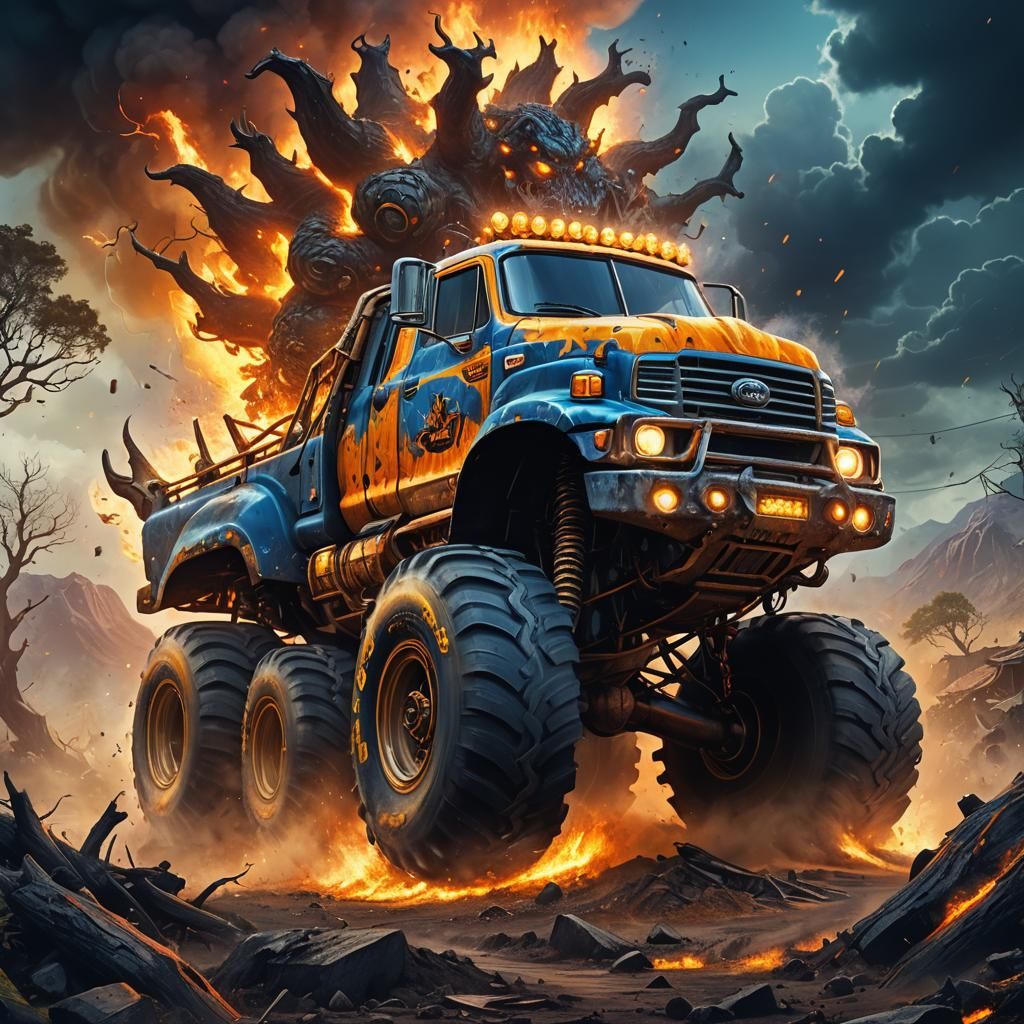 Monster Truck Concept Art in Mystical Landscape