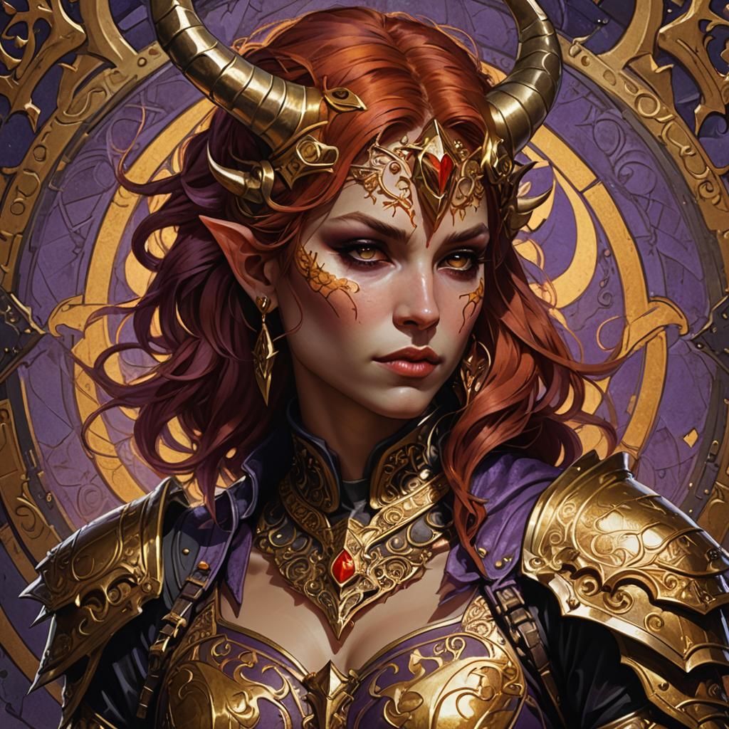 Tiefling Rogue in Golden Armor, Dark Fantasy Art