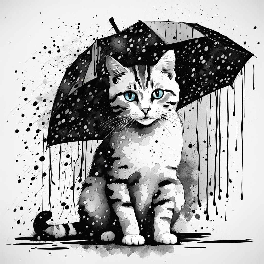 Monochrome Cat in Rain with Abstract Fractal Elements