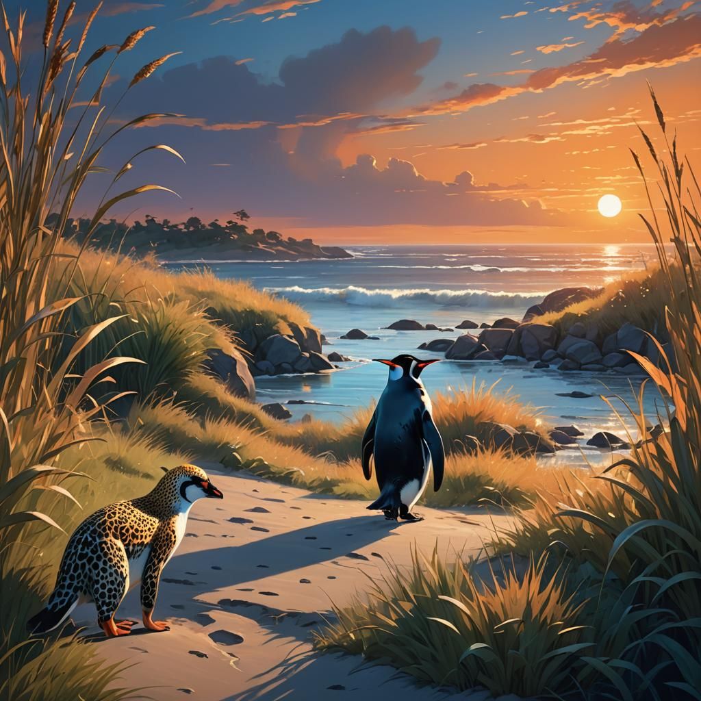 Penguin and Leopard in Art Deco Fantasy World