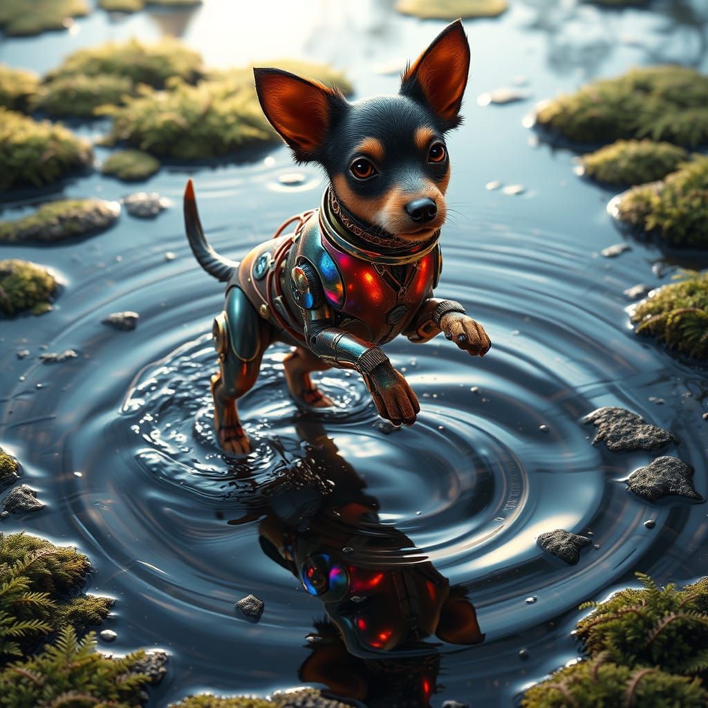 Fantastical Biomechanical Dog Leaps in Shimmering Puddle