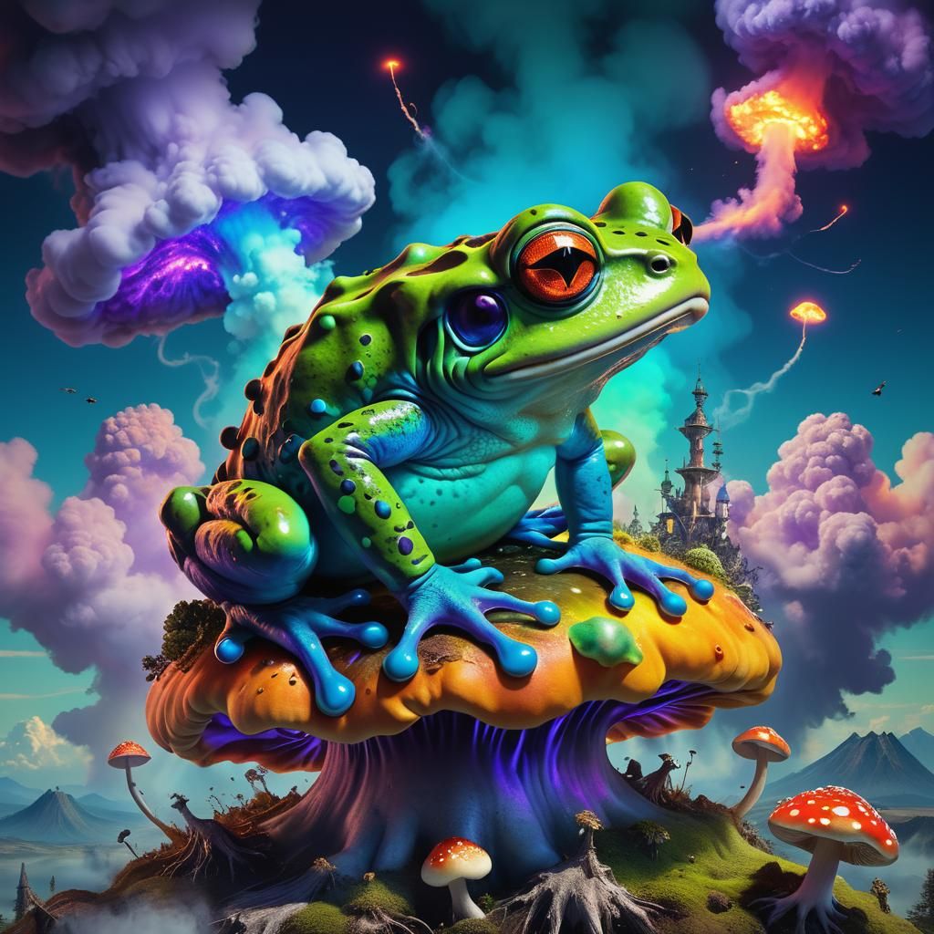 Surreal Frog on Mushroom Cloud in Digital Art