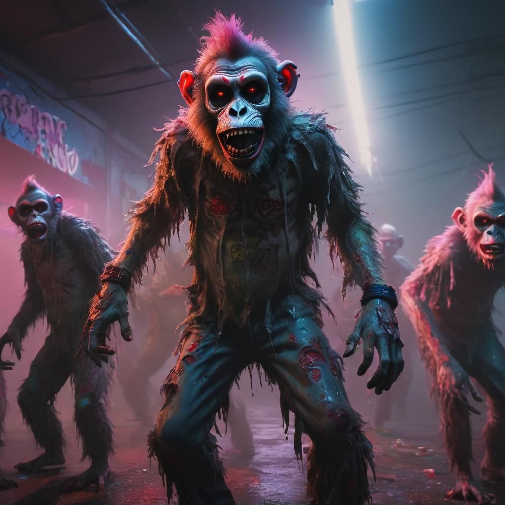 Zombie Monkey Monster Clown Dance Party in Neon