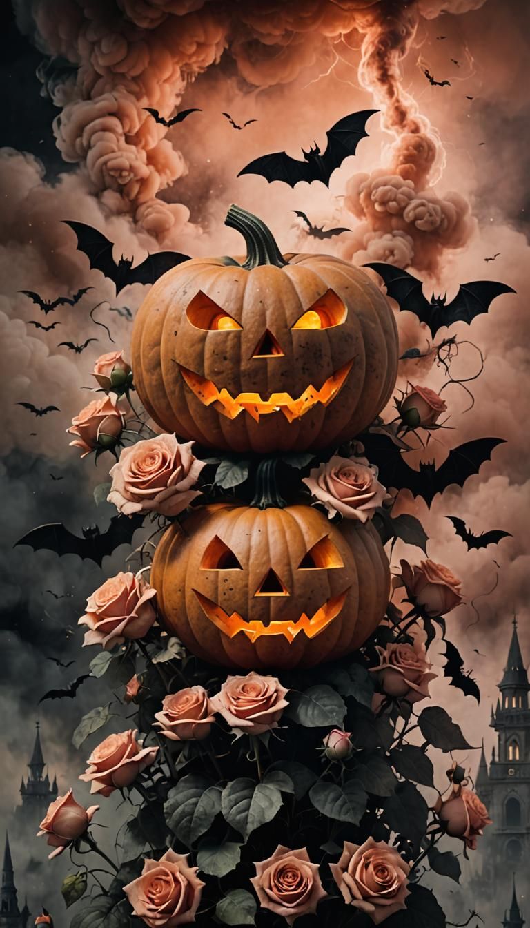 Halloween Pumpkin with Bats and Roses in Dark Surrealism