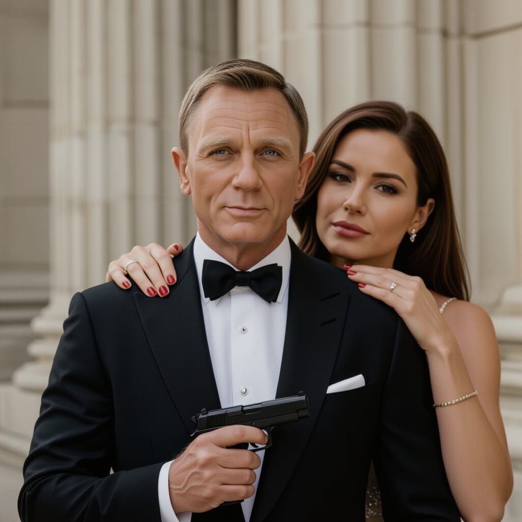 James Bond in Tuxedo with Woman and Pistol