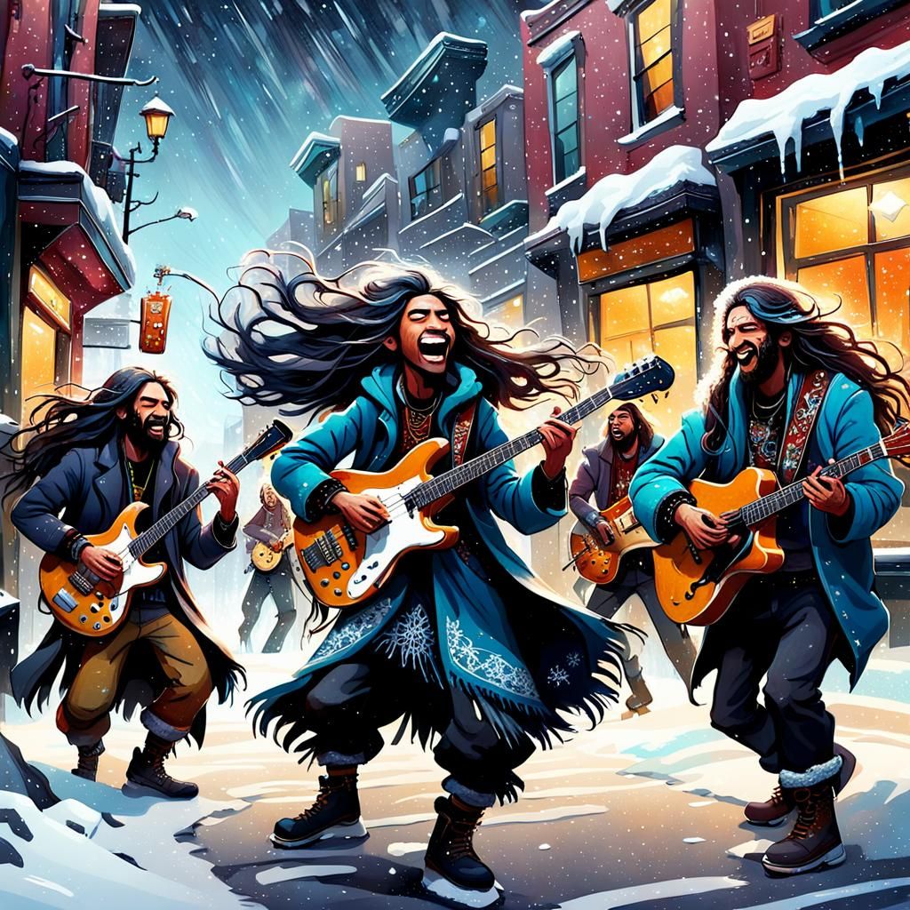 Rock Musicians on Snowy Street Corner