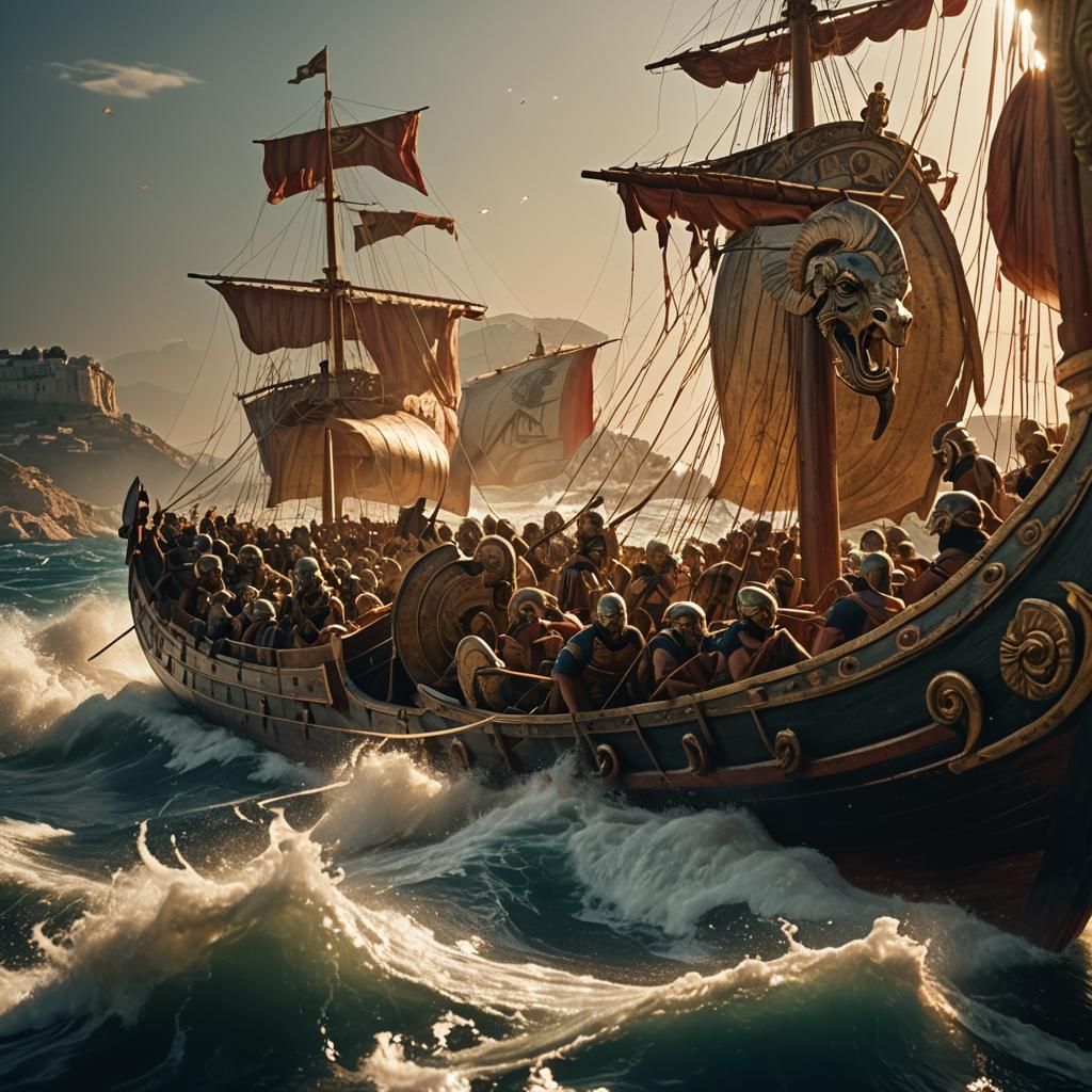 Epic Naval Battle Between Athenian and Spartan Triremes