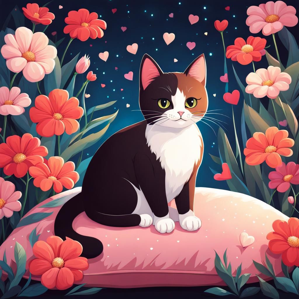 Cute Cat Surrounded by Hearts and Flowers