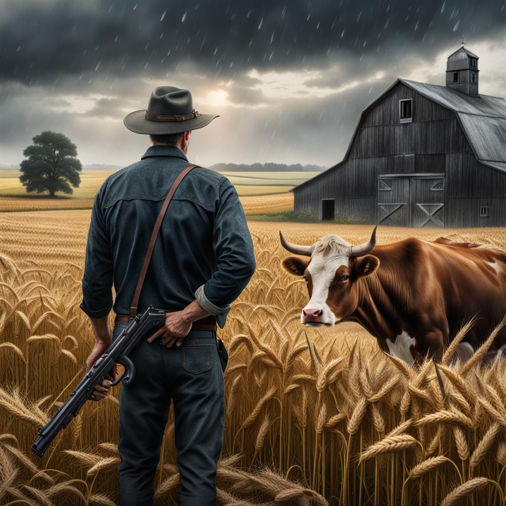 Dramatic Farm Scene with Cow and Hidden Gun