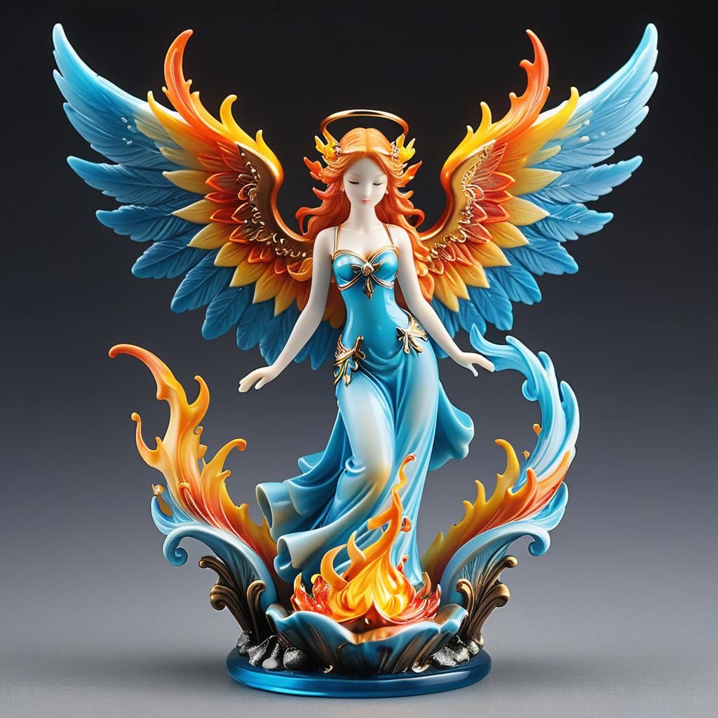 Fiery Figurine with Angelic Blue Wings