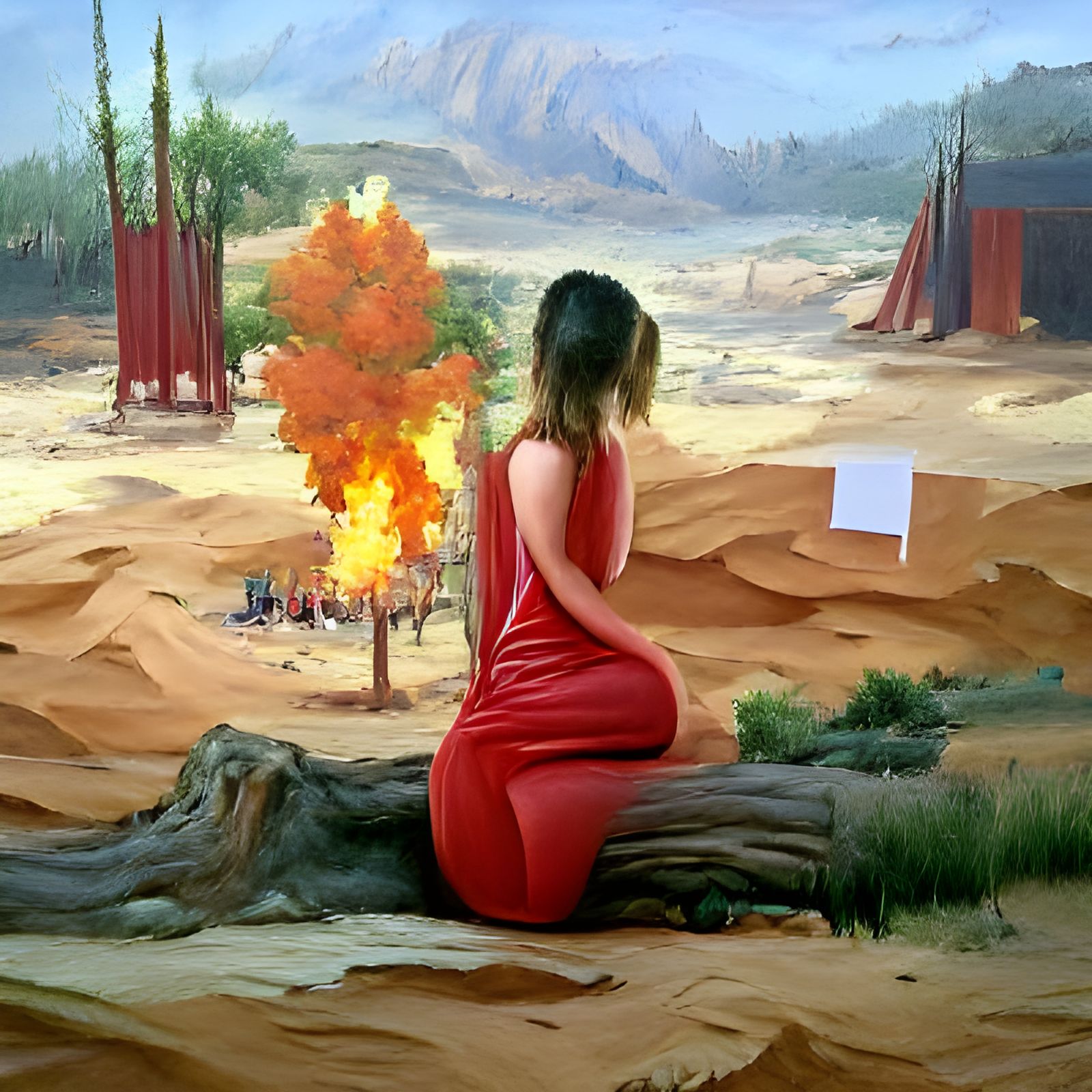 Fiery Tree in Desert Oil Painting