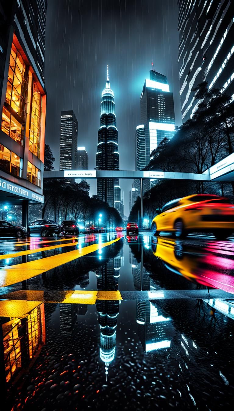 Chrome Skyscraper Forest in Rain with Neon Lights