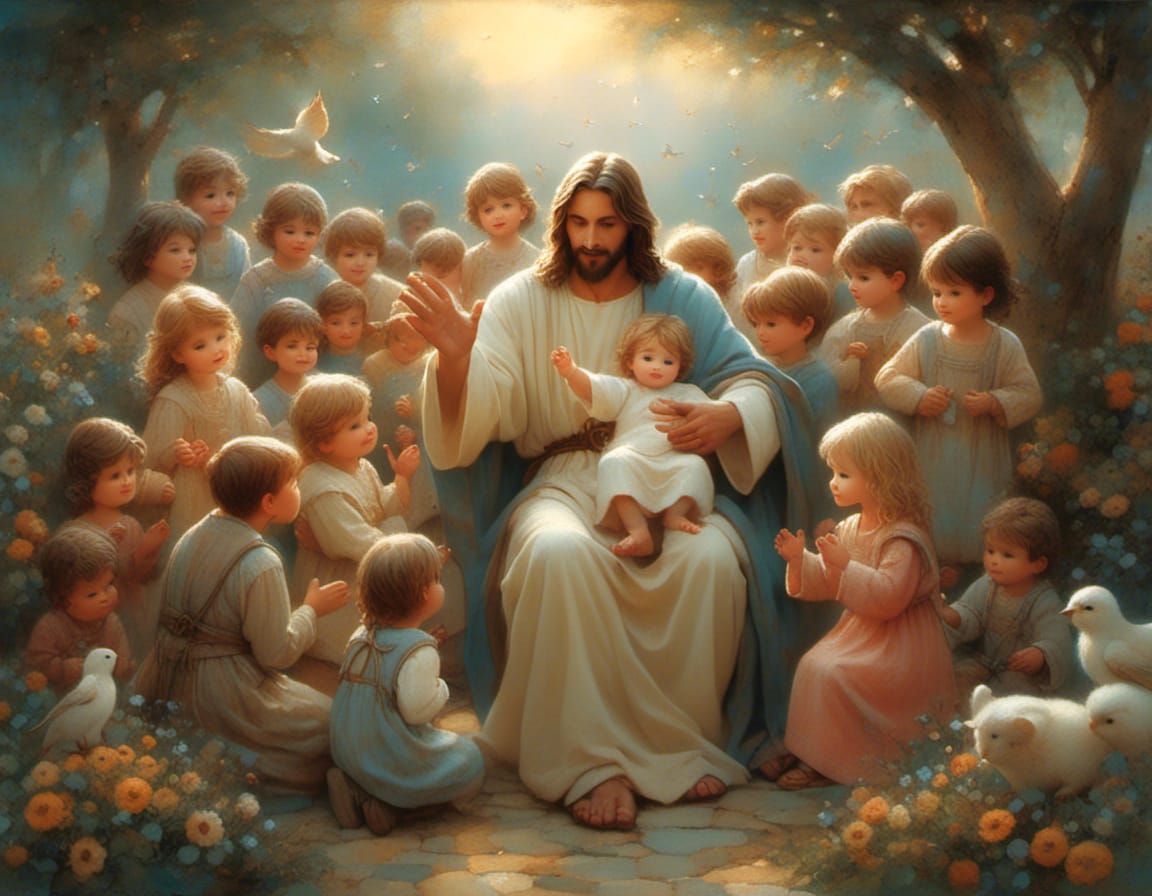 Jesus Blesses Children: Expressive Vintage Illustration