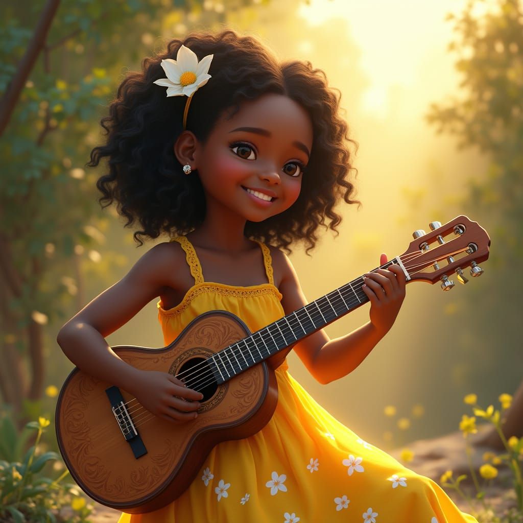 Vibrant Girl Plays Nylon Guitar in Warm Light