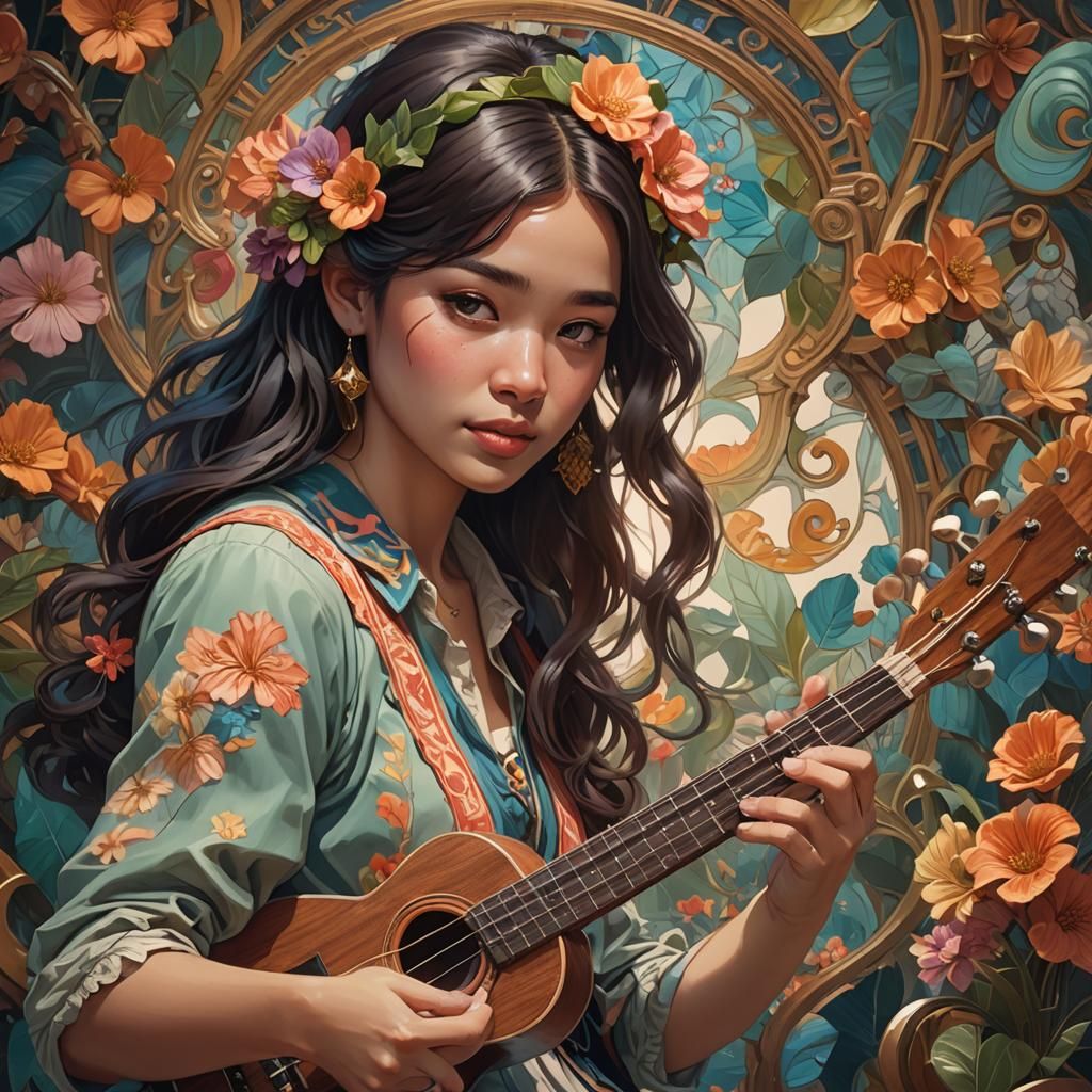 Young Girl Plays Ukulele: Hyperdetailed Art Portrait